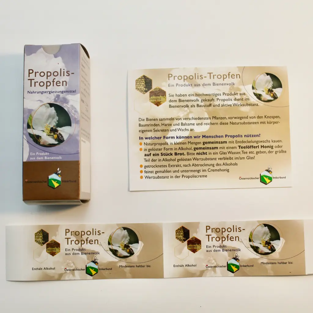 SET Propolistropfen 20/30ml Verpackung (inkl. Karton + Flaschenetiketten + Beipackzettel)