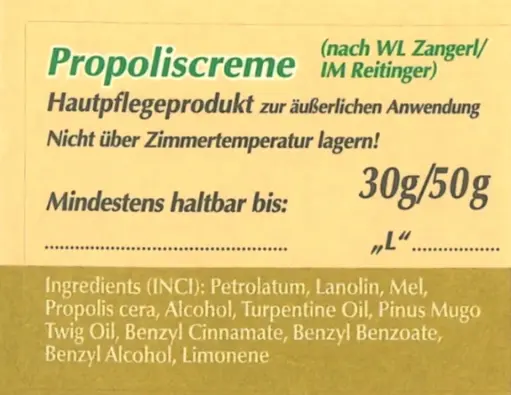 Propoliscreme-Etiketten Rezeptur Reitinger/ Zangerl, 1 Bogen á 21 Stück